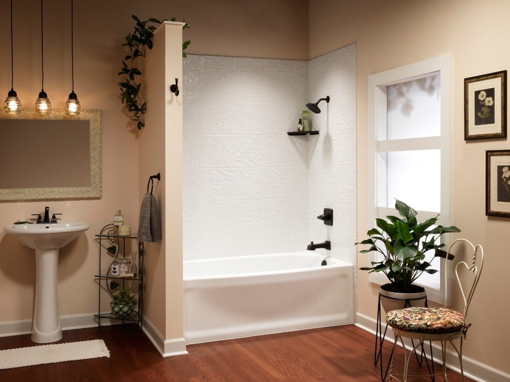 12x12 White Sim Tile with White Contour tub ORB fixtures.