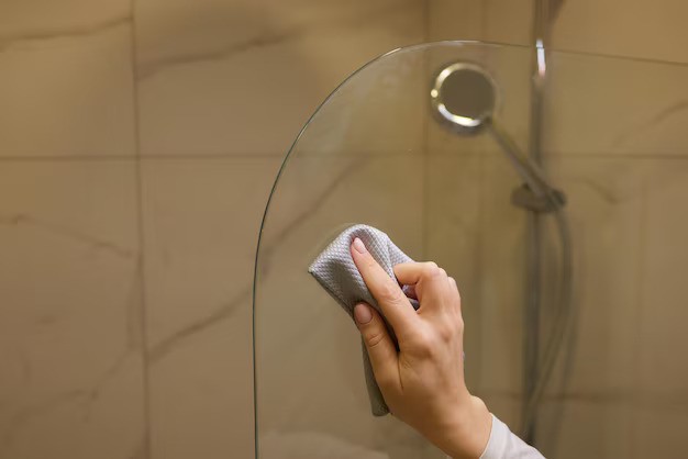 Person cleaning acrylic shower wall with a cloth – how to clean acrylic shower walls.