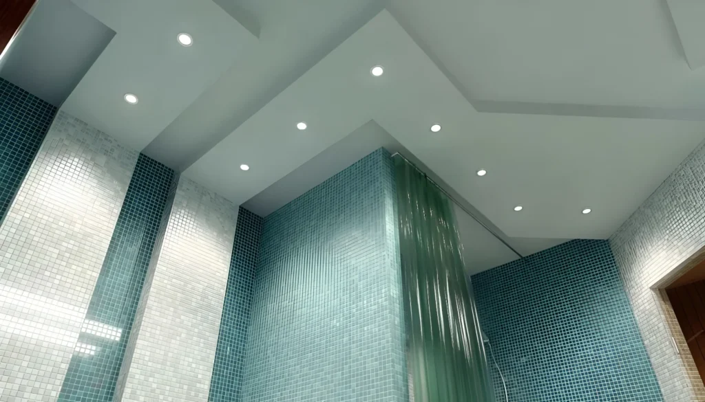 Stylish bathroom ceiling design with modern lighting