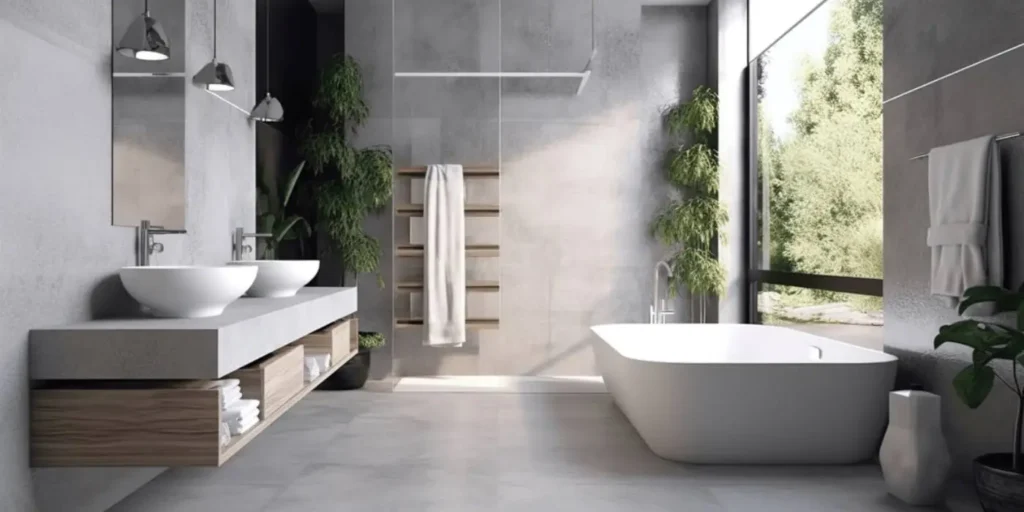 Modern luxury bathroom with freestanding tub, double vessel sinks, and concrete-look walls